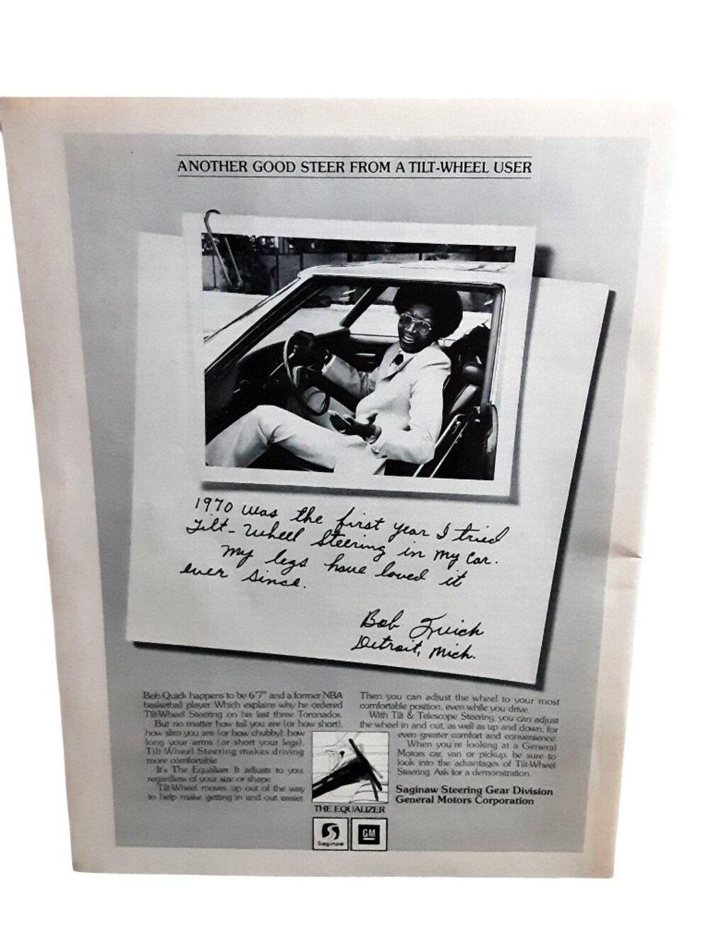 1977 GM Tilt Wheel Steering Ad Bob Quick NBA Player General Motors Ad